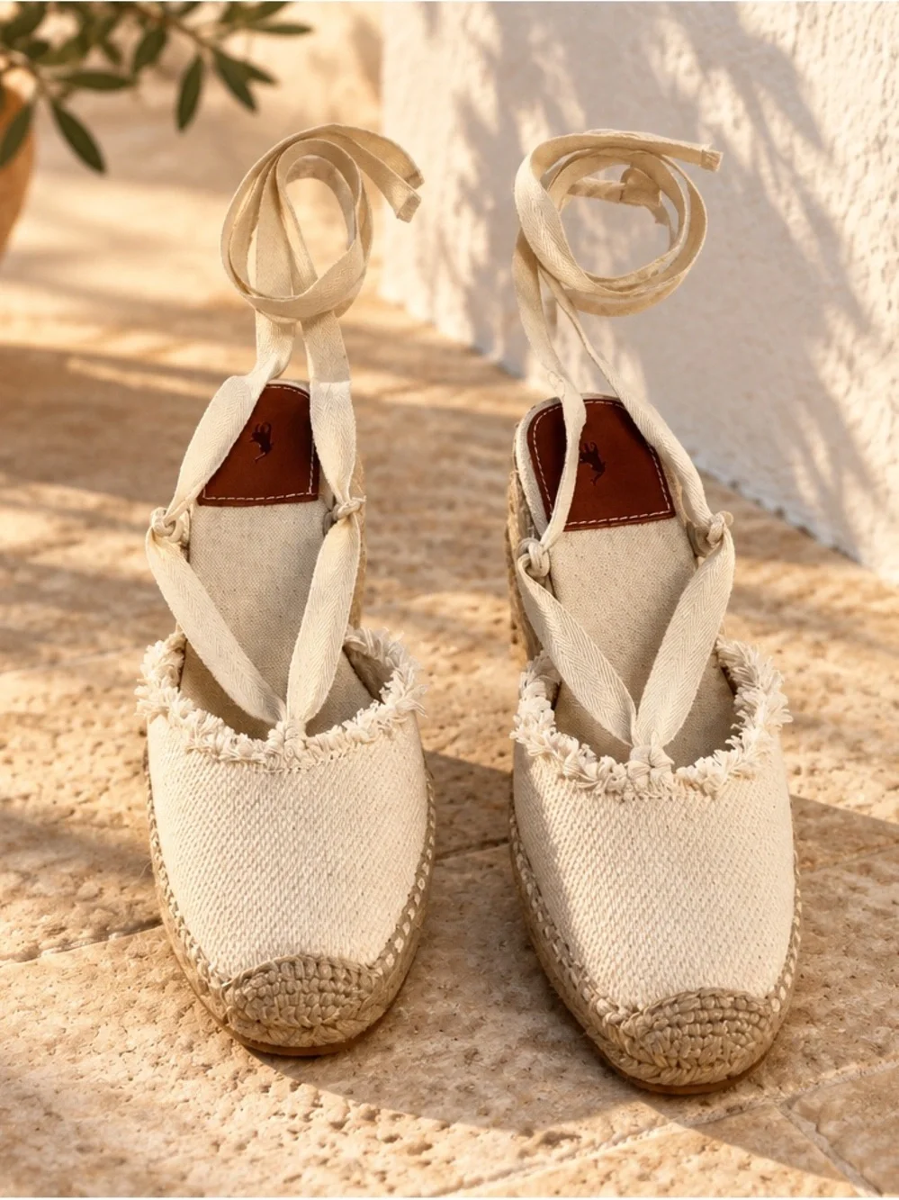 Polo Ralph Lauren Canvas Lace Up Espadrille Wedge Sandals Womens Size 7B Ivory